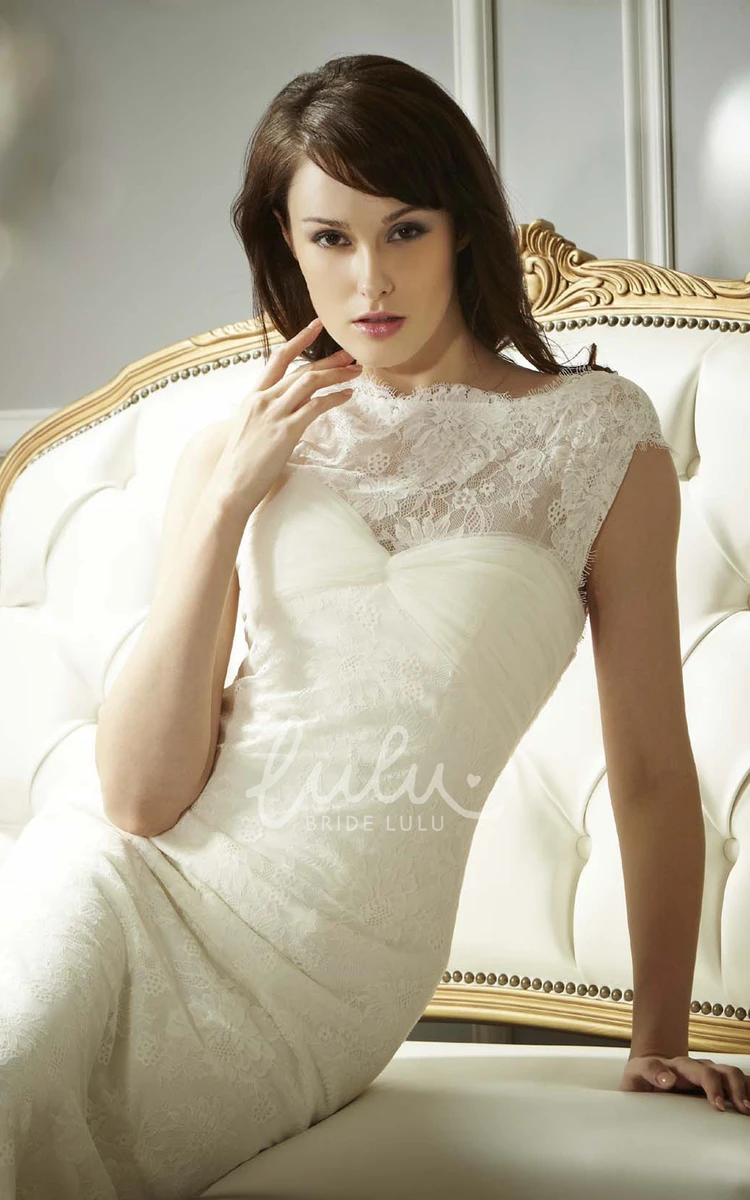 A-Line Jewel Long Lace Wedding Dress with Ruched Cap-Sleeves Simple Wedding Dress