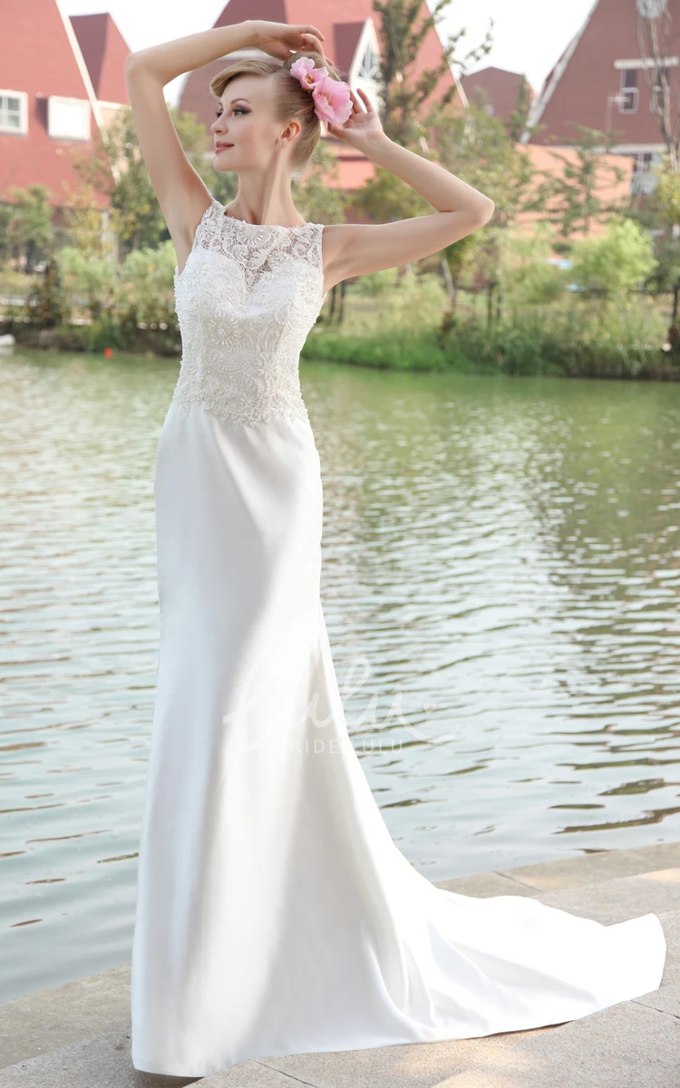 Sleeveless Sheath Satin Wedding Dress with Laced Top