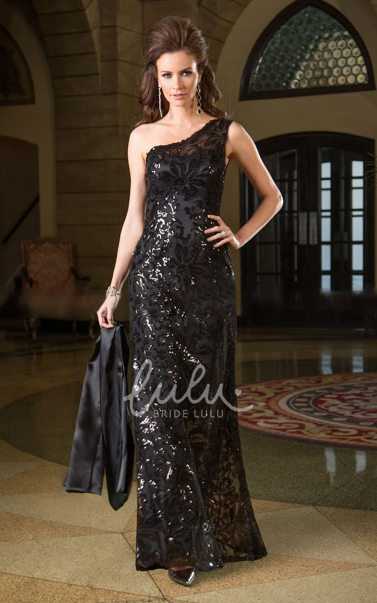 Sequin One-Shoulder Gown with Illusion Back