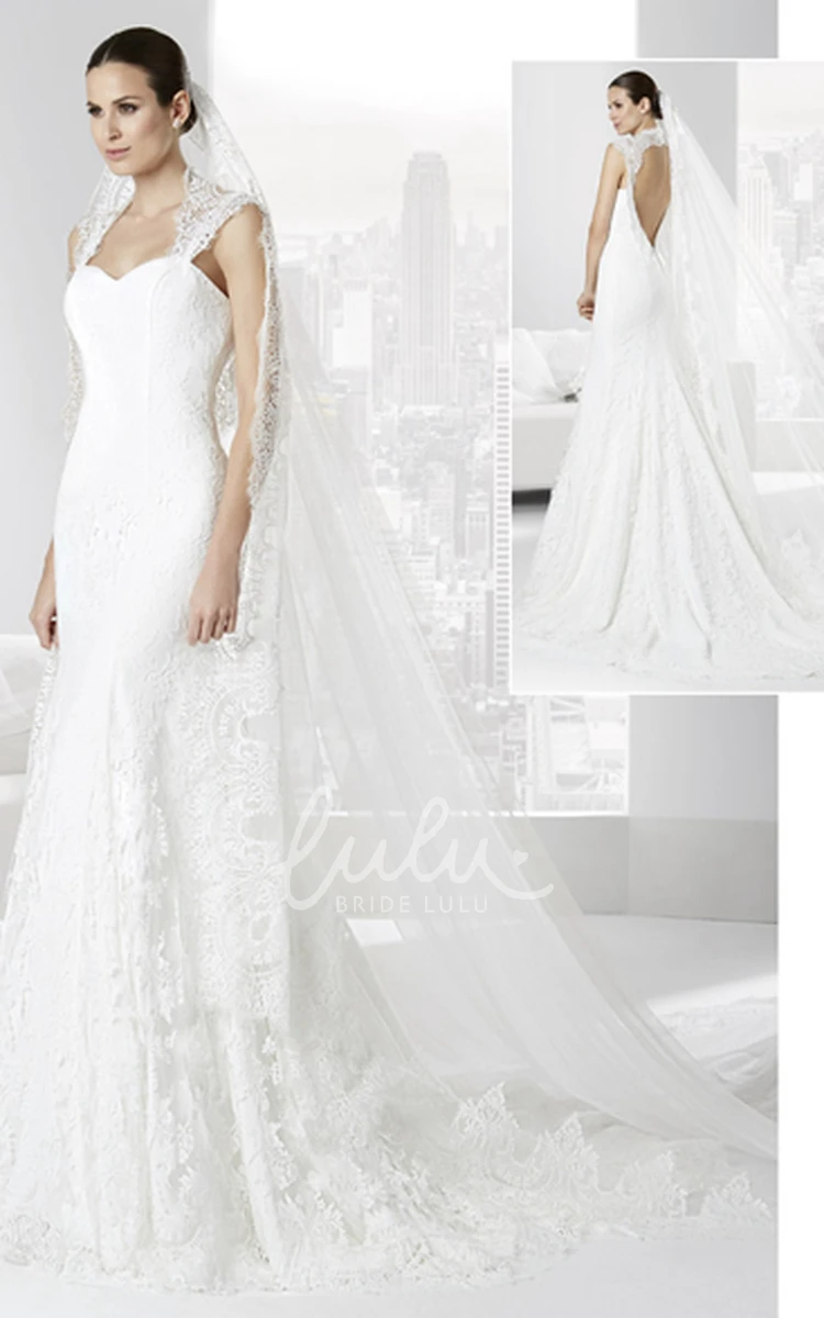 Floor-Length Queen-Anne Sheath Lace Wedding Dress with Appliques Unique Bridal Gown