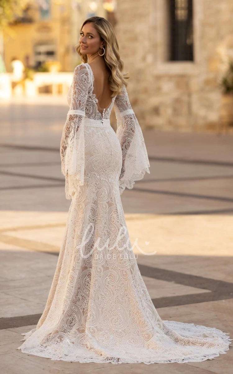 Classical Deep V Neck Wrap Lace Wedding Dress with Long Sleeve Train