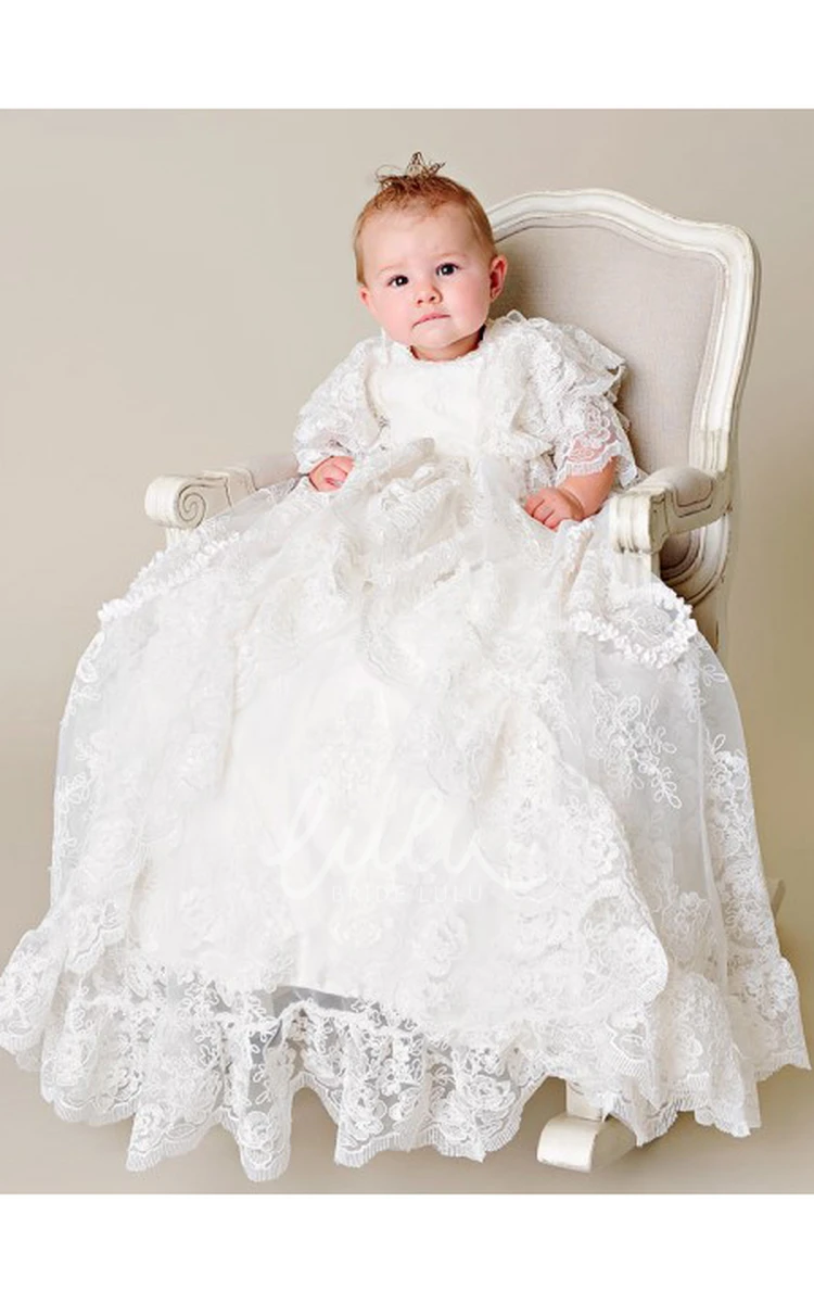 ALL Lace Fancy Christening Dress with Layered Sleeves Classy Baptism Gown