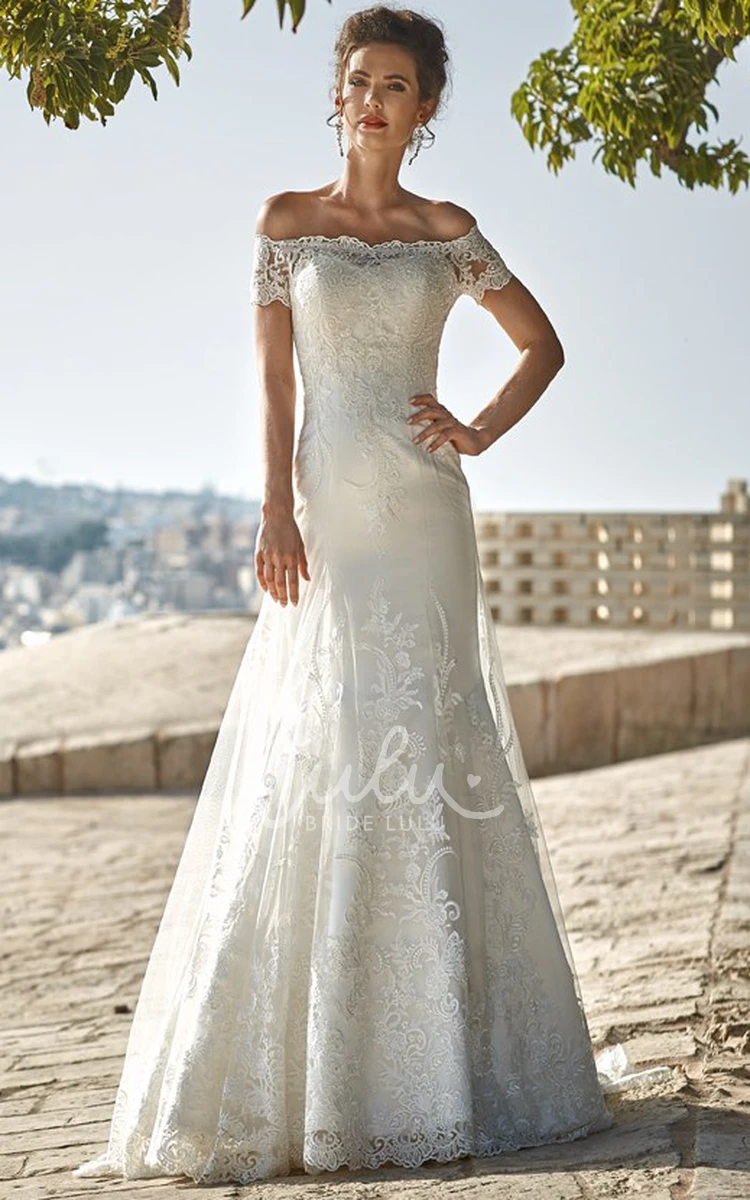 Off-The-Shoulder Lace Wedding Dress with Floor-Length Hem