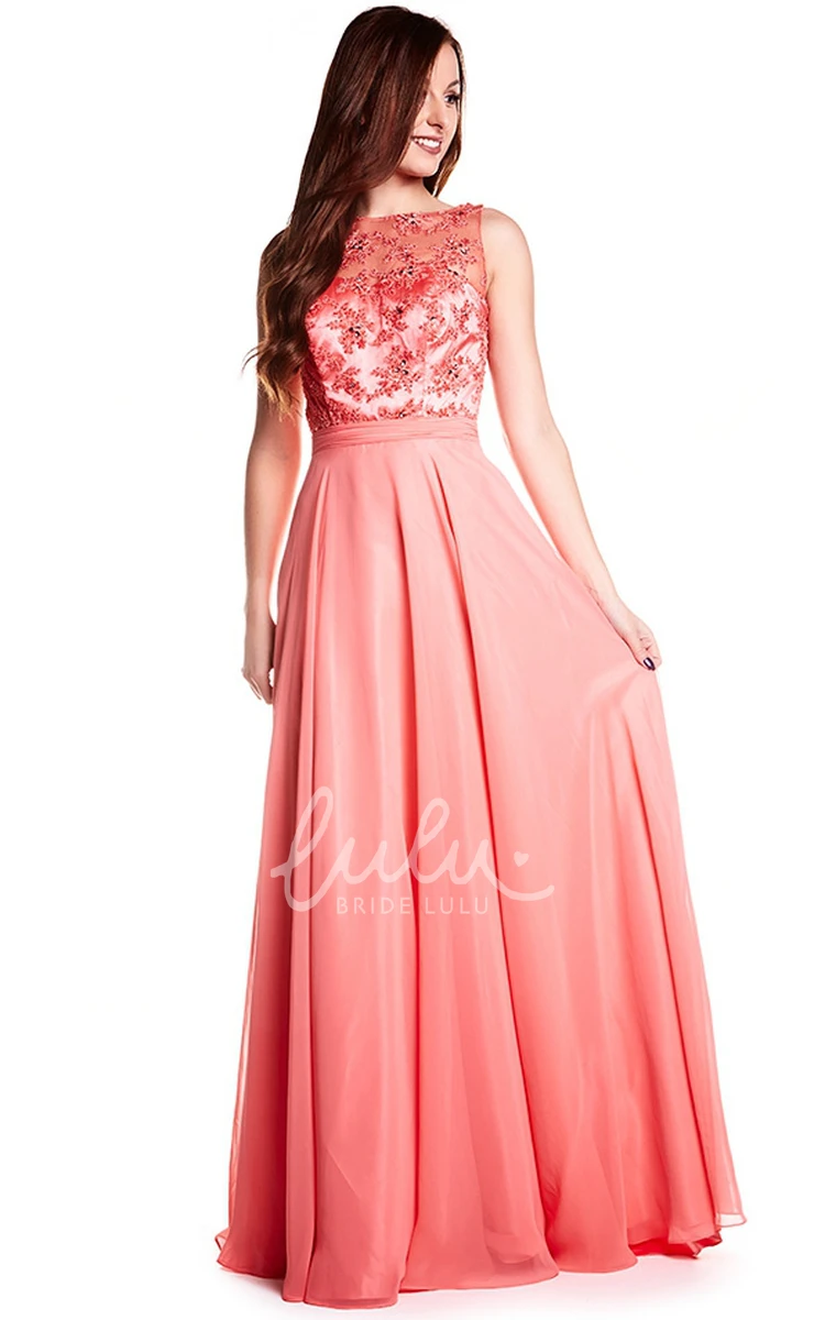 A-Line Sleeveless Appliqued Prom Dress with Brush Train and Illusion Back Elegant Prom Dress