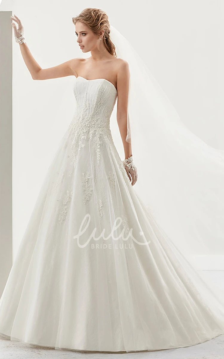 Lace Applique A-Line Wedding Dress with Brush Train and Strapless Design