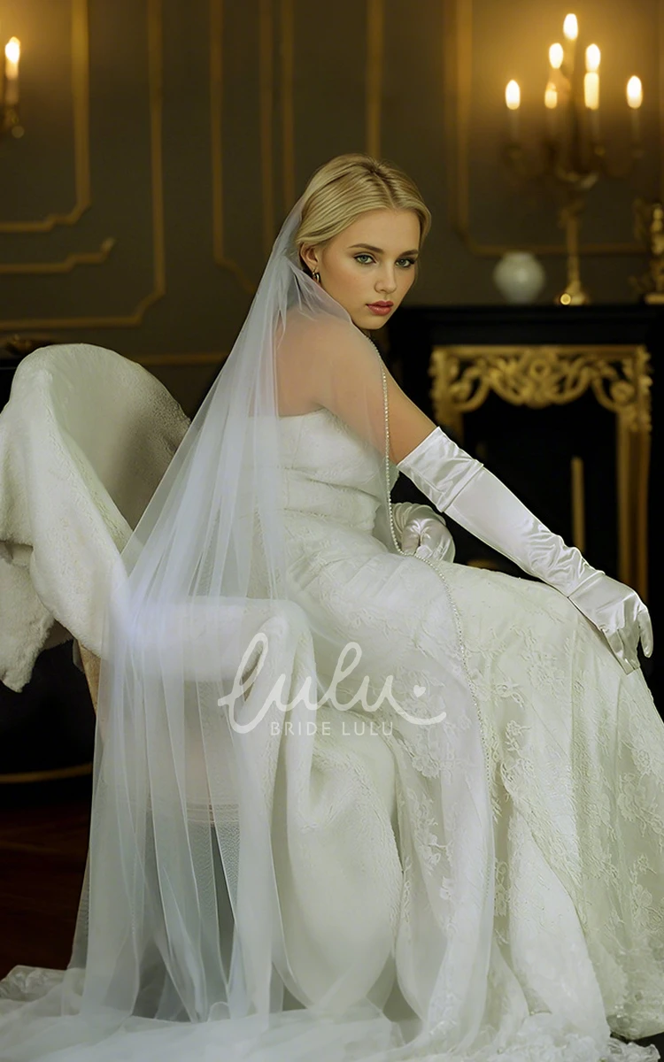 Simple Elegant Waterfall One-Tier Fingertip Length Tulle Beading Wedding Veil with Comb