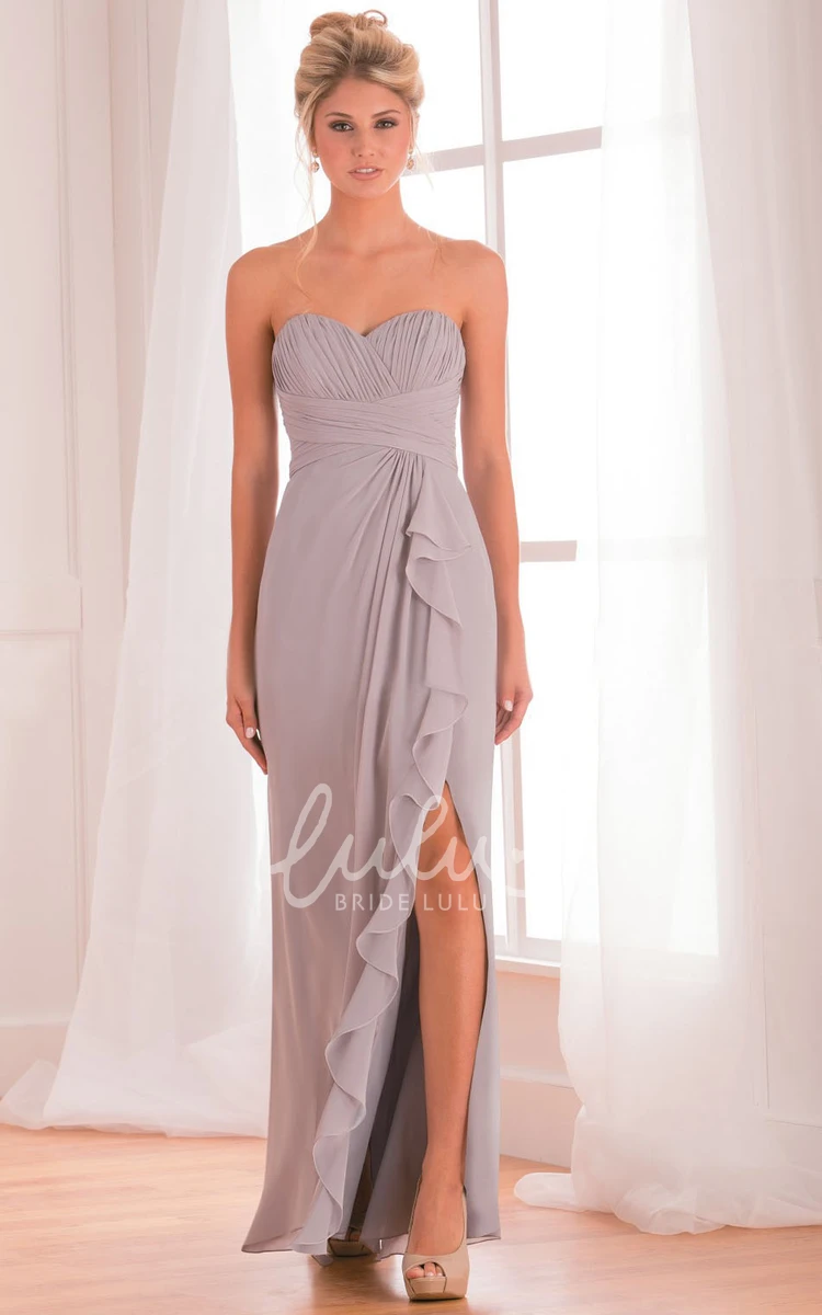 Floor-Length Ruffled Bridesmaid Dress with Sweetheart Neckline and Front Slit