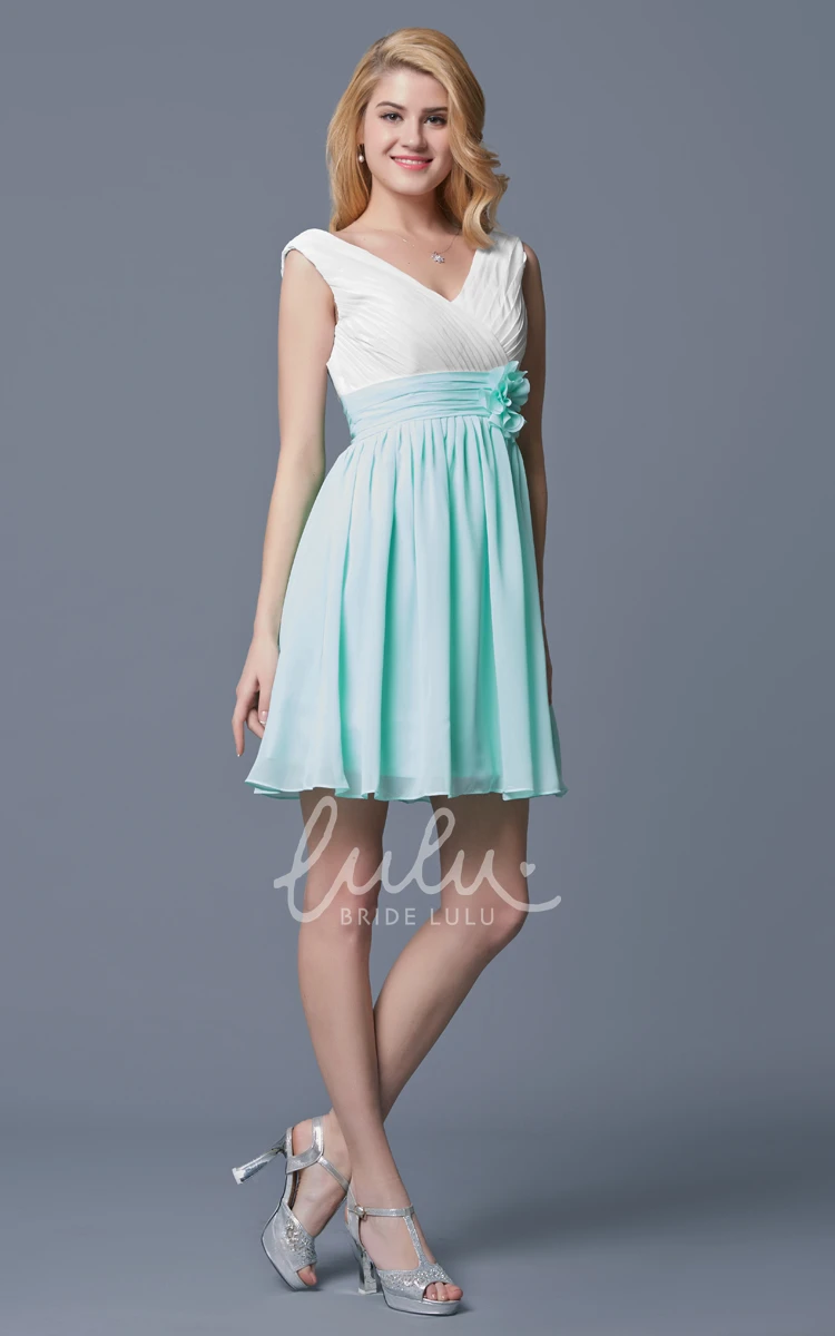 A-line Sleeveless Pleated Chiffon Bridesmaid Dress With Flower Belt Short Classy Unique