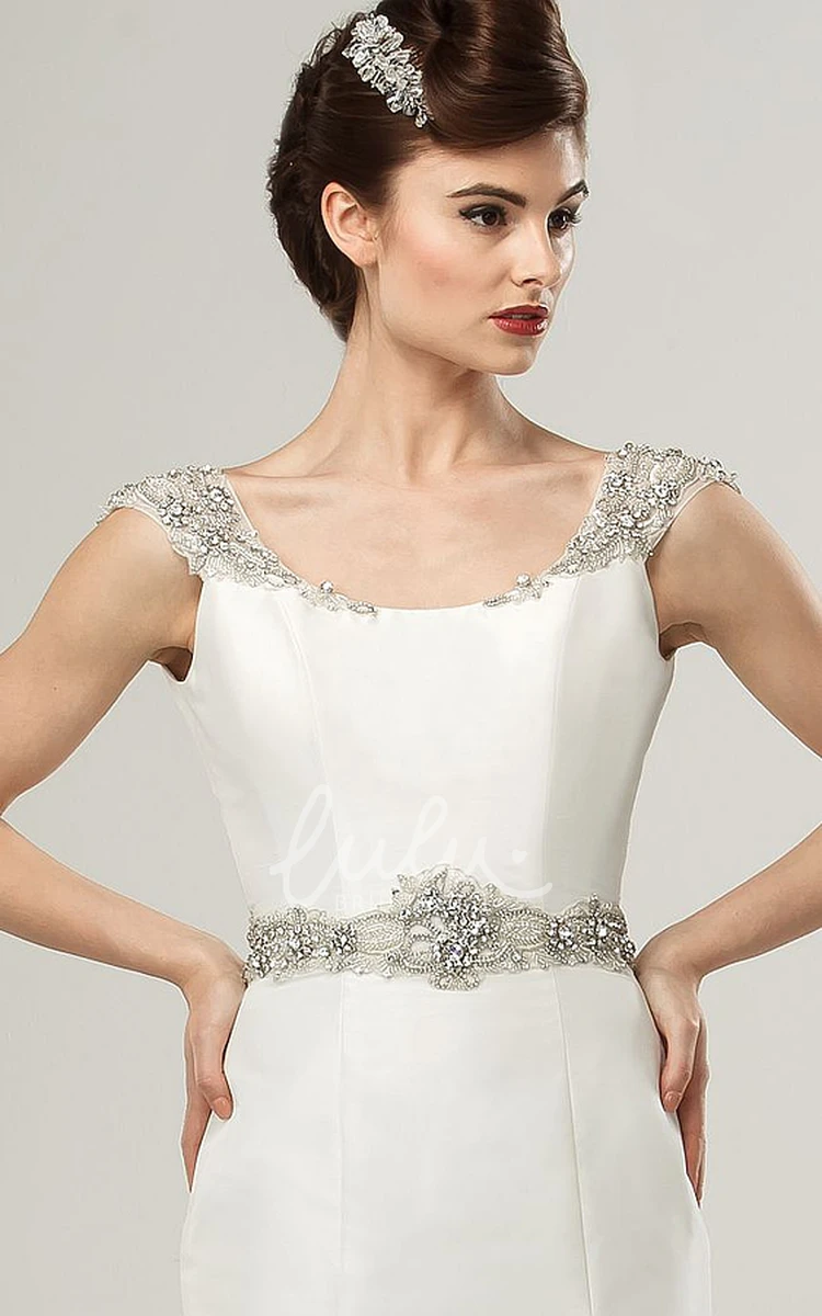 Beaded Cap-Sleeve V-Neck Satin Wedding Dress with Waist Jewelry Mermaid Style