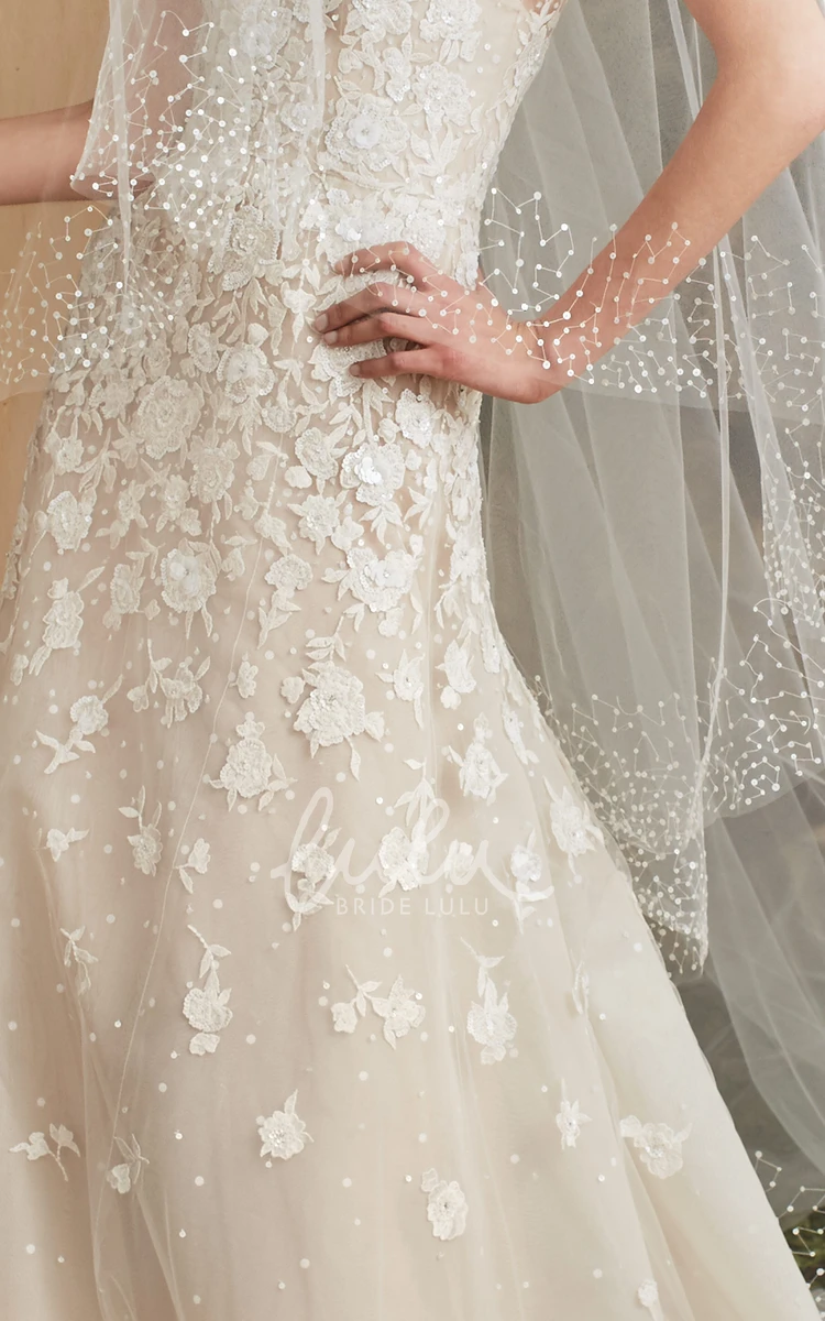 Illusion High Neck Tulle Wedding Dress Sheath Style with Appliques and Sleeves