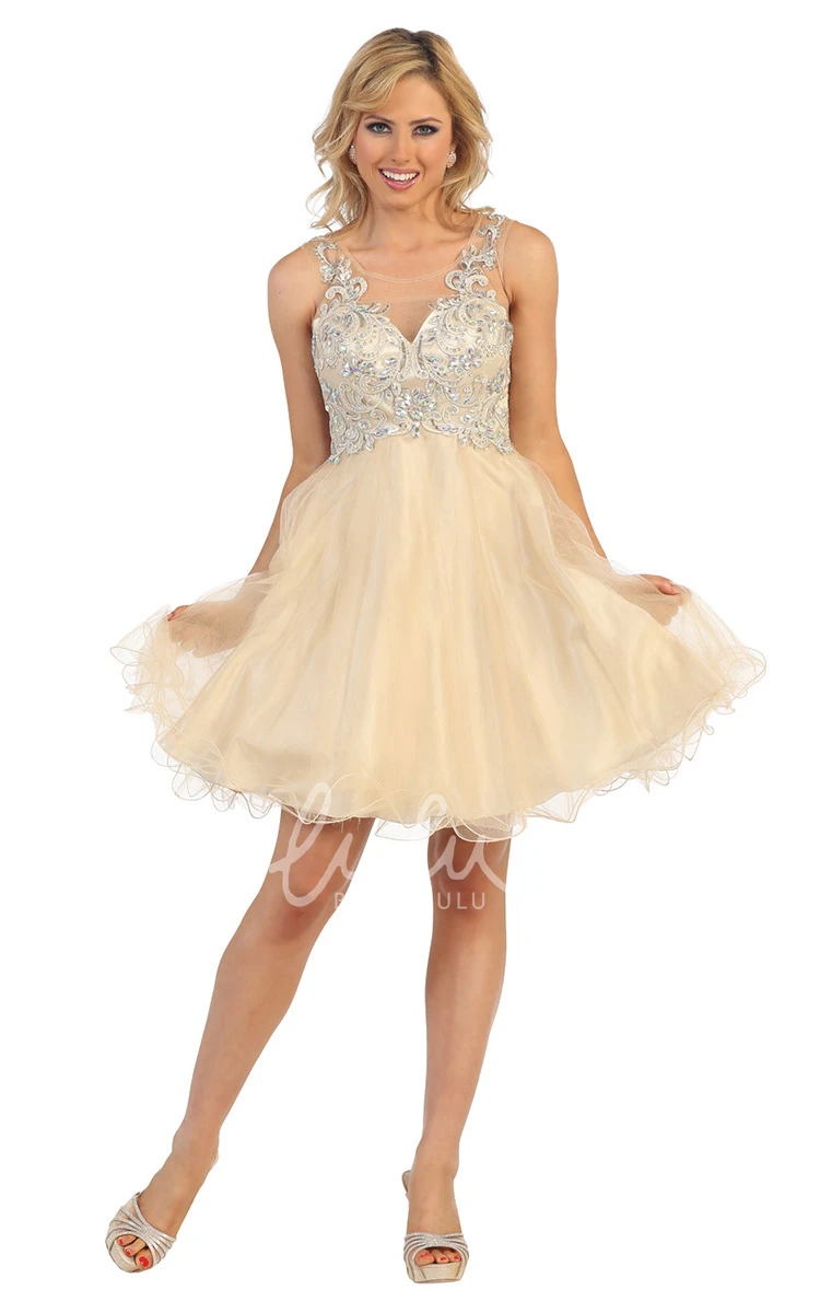 Short Bateau Empire Tulle Illusion Dress with Beading and Appliques Cocktail Dress