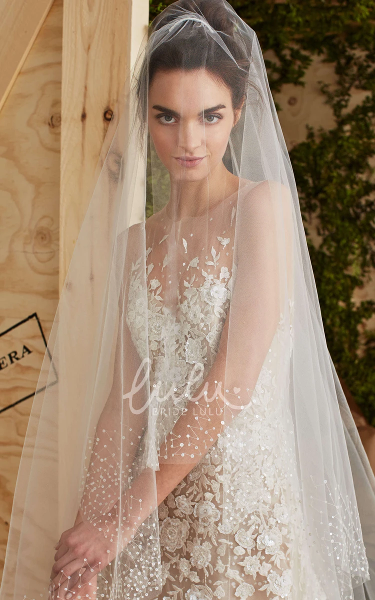 Illusion High Neck Tulle Wedding Dress Sheath Style with Appliques and Sleeves