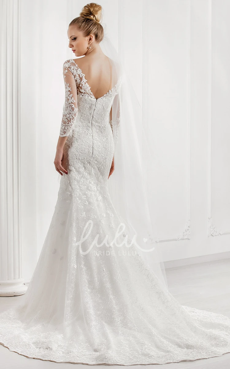 V-Neck Lace Wedding Dress with Court Train and 3/4 Sleeves Mermaid Bridal Gown