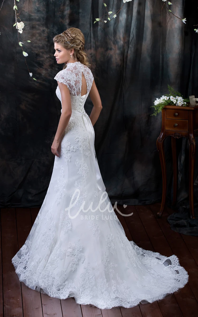 Lace Mermaid V-Neck Cap-Sleeve Wedding Dress with Beading and Appliques