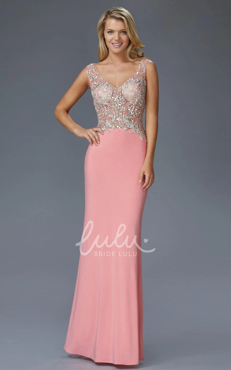 Sleeveless Jersey Keyhole Formal Dress with Beading Sheath Long V-Neck