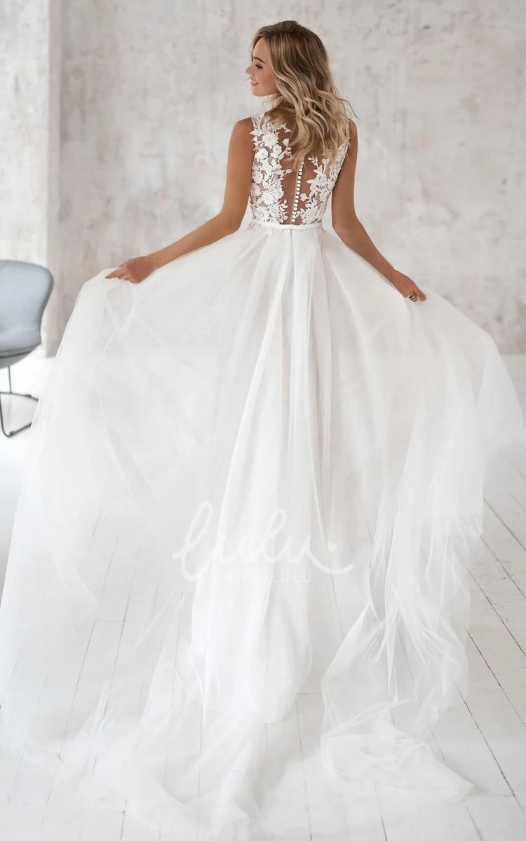 Romantic Lace Tulle V-neck Wedding Dress with Appliques A-line Sweep Train