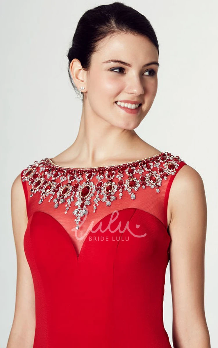 Jersey Prom Dress with Brush Train and Beaded Bateau Neckline