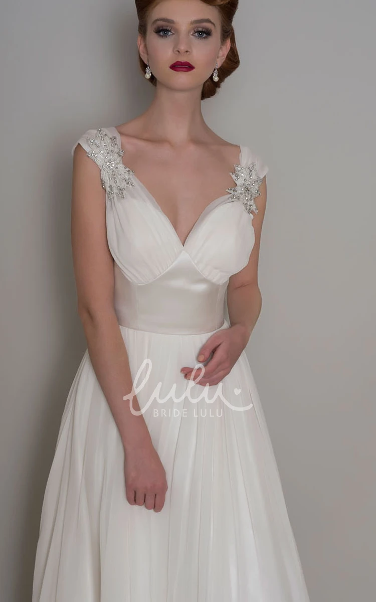 Beaded V-Neck Organza Wedding Dress Cap-Sleeve Floor-Length Pleated