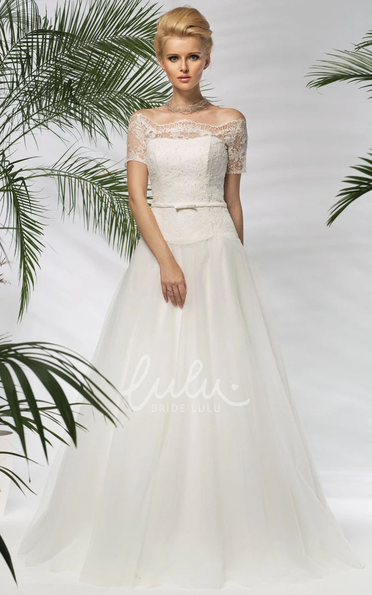 Off-The-Shoulder A-Line Tulle&Lace Wedding Dress Short-Sleeve Floor-Length