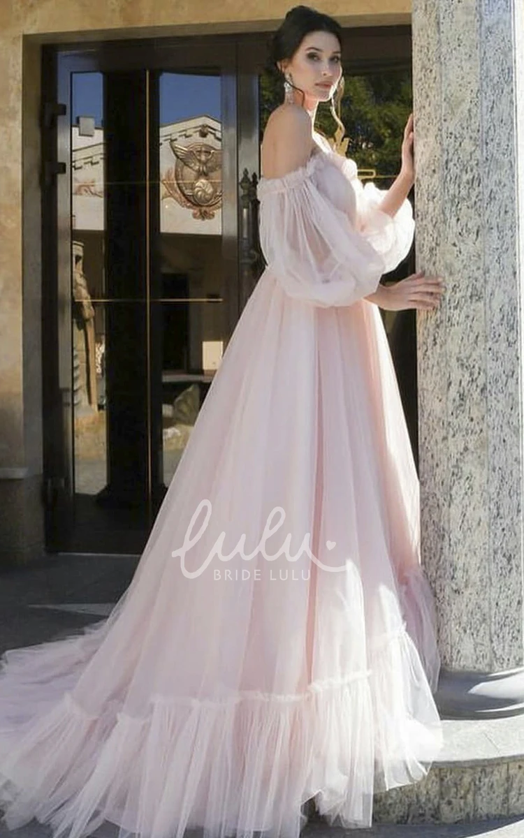 Charming Off-shoulder Tulle Wedding Dress with Poet Sleeves Elegant and Flowy