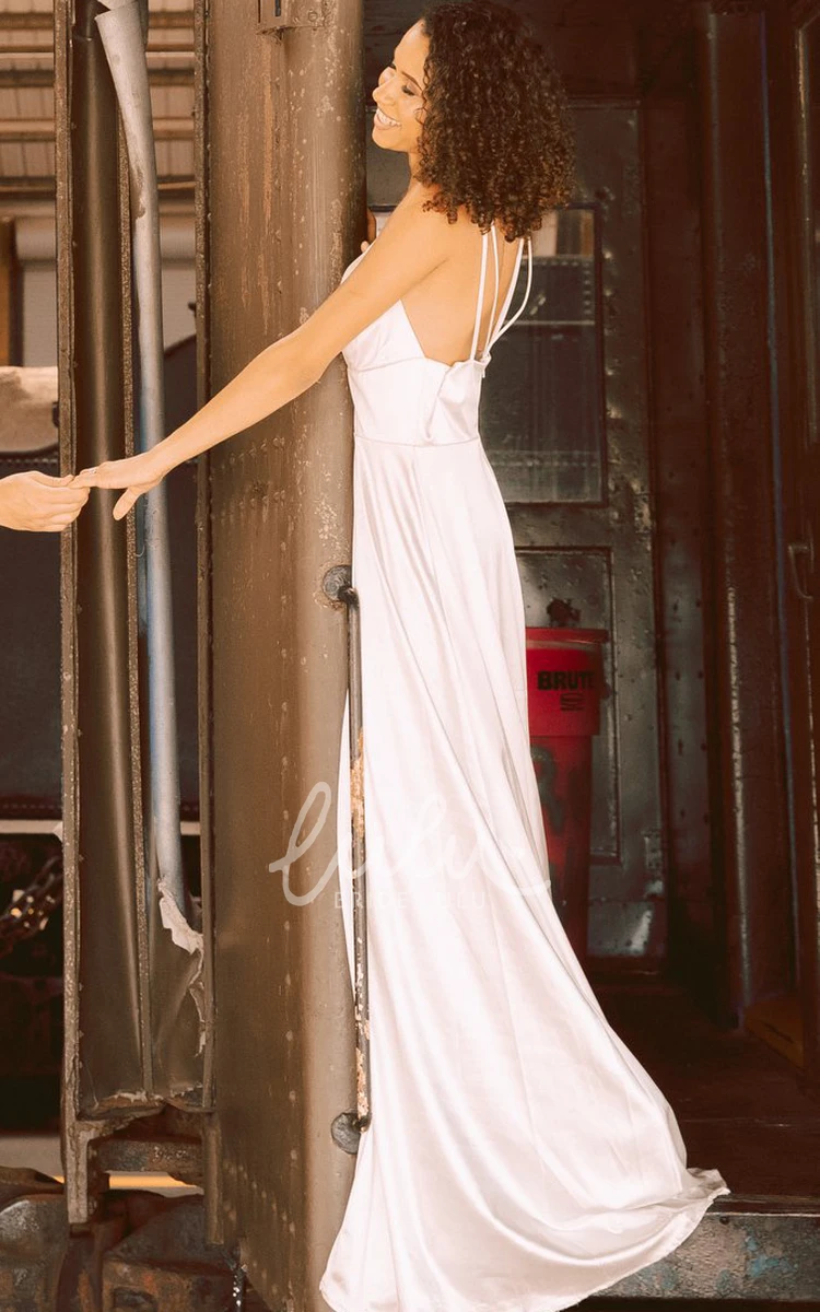 Satin A-Line Wedding Dress with Plunging Neckline Open Back and Split Front Elegant