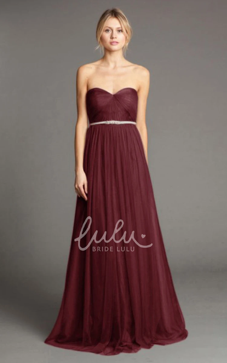 Sweetheart Ruched Tulle Bridesmaid Dress with Waist Jewelry Floor-Length Elegant Dress