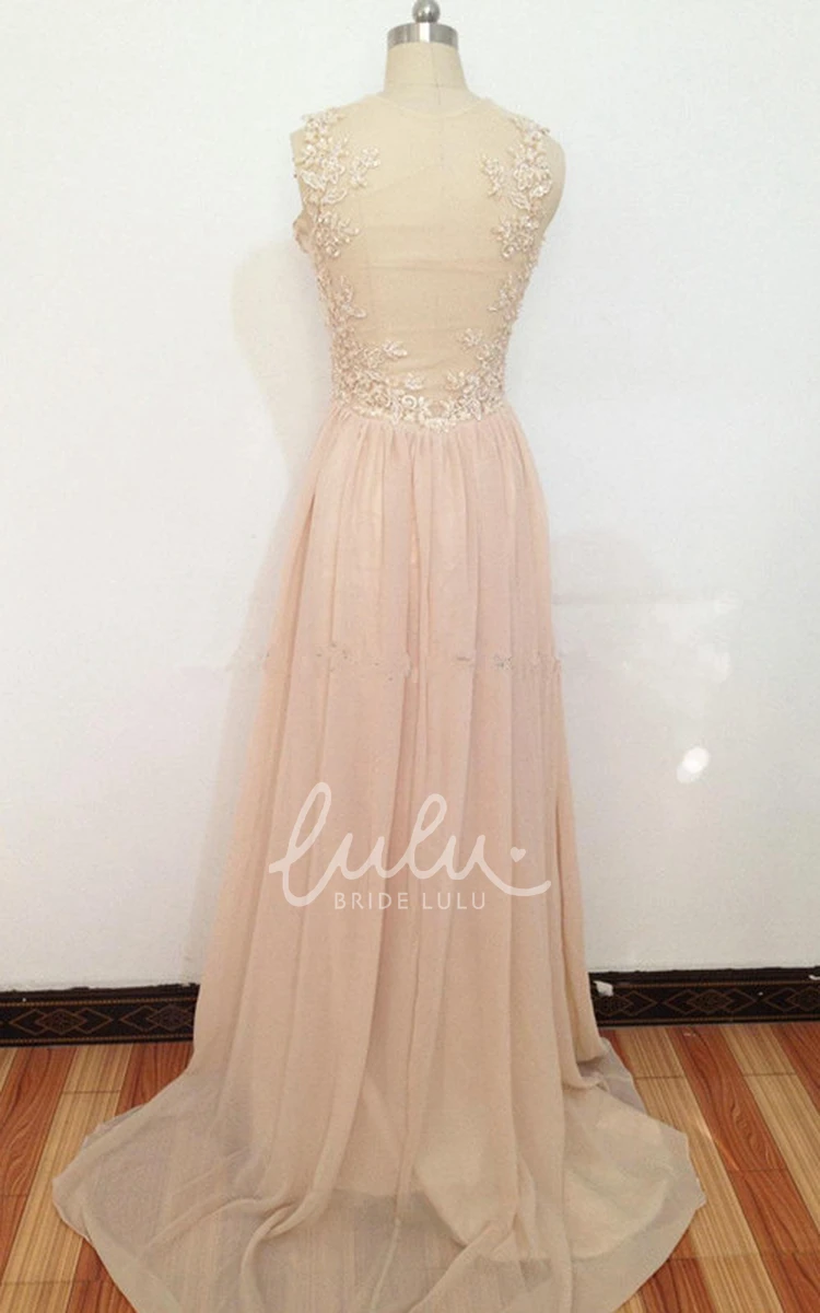 Illusion Back A-Line Chiffon Dress with Lace Appliques