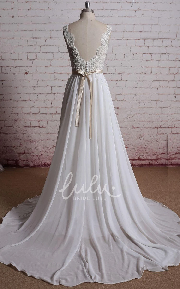 Long Chiffon Bridal Gown with Champagne Lining V-Neck & Flowy