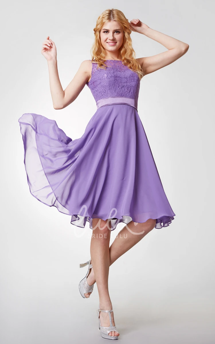 Knee Length Chiffon Dress with Lace Bodice and Bateau Neckline