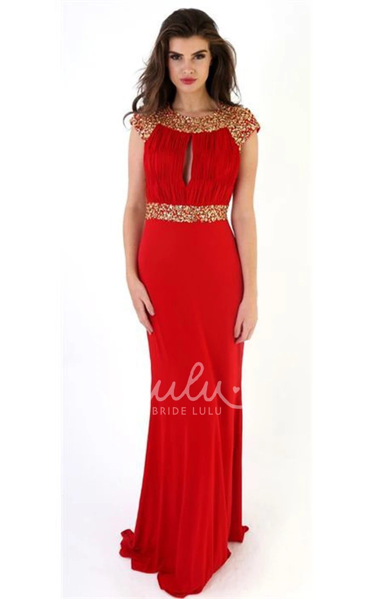 Cap-Sleeve Beaded Sheath Long Scoop Jersey Prom Dress with Ruching and Keyhole Back Modern Prom Dress