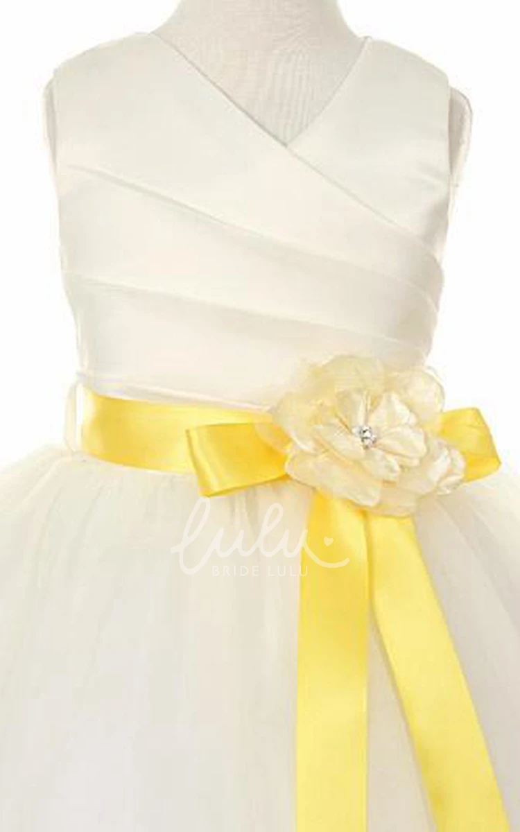 Ankle-Length Tiered Satin Flower Girl Dress with V-Neck