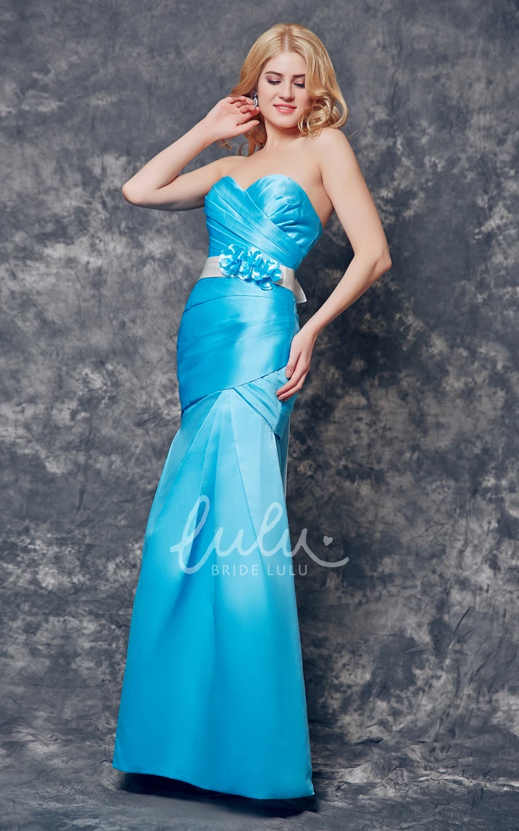 Long Satin Dress with Sweetheart Neckline and Floral Sash Ruched