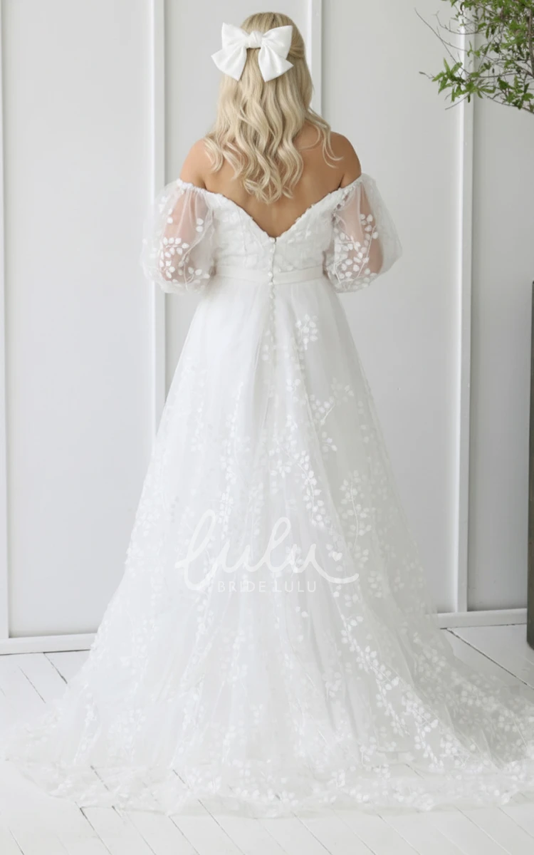 Elegant A-Line Off Shoulder Wedding Dress with Puff Sleeves and Lace Appliques Romantic Tulle Bridal Gown