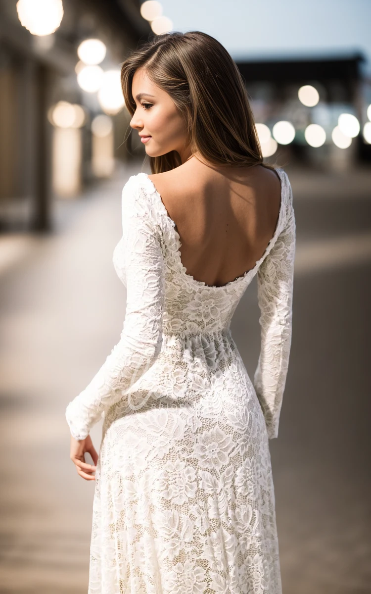 Bohemian Long Sleeve Modest Mermaid Wedding Gown Simple Lace Sheath Low-V Back for Women