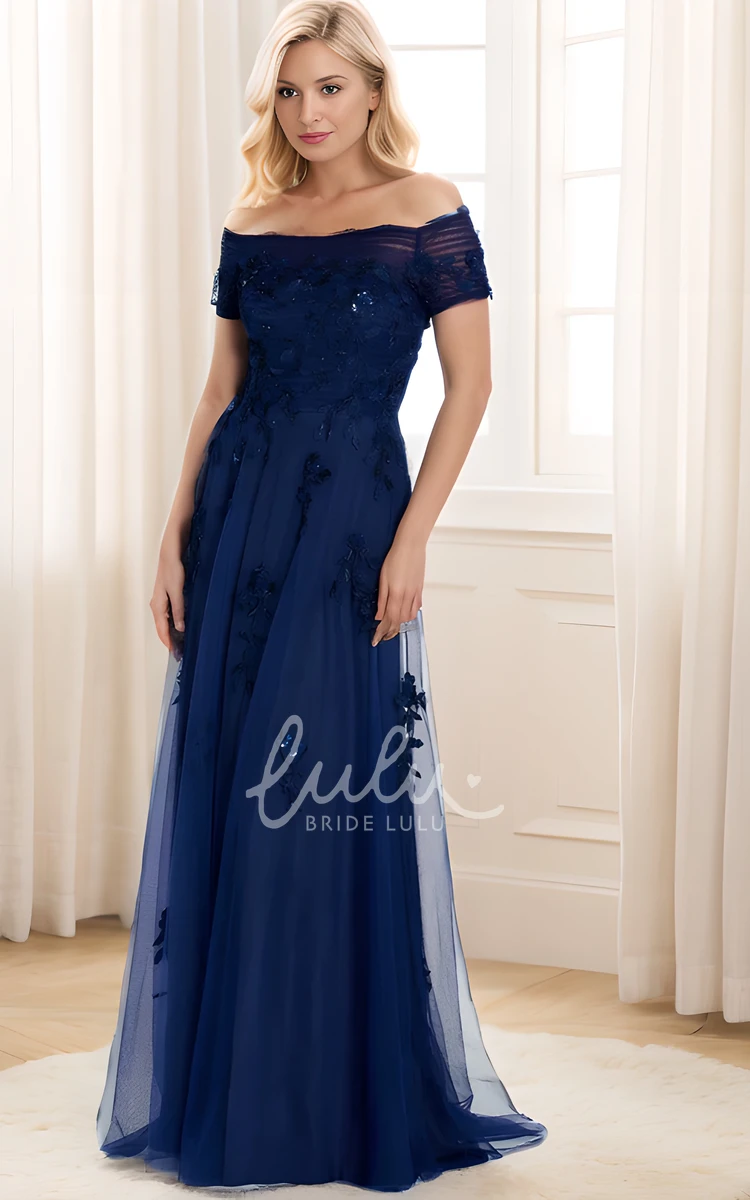 Sheath Modern Off-the-shoulder Tulle Women Dress with Floor-length Short Sleeve Appliques