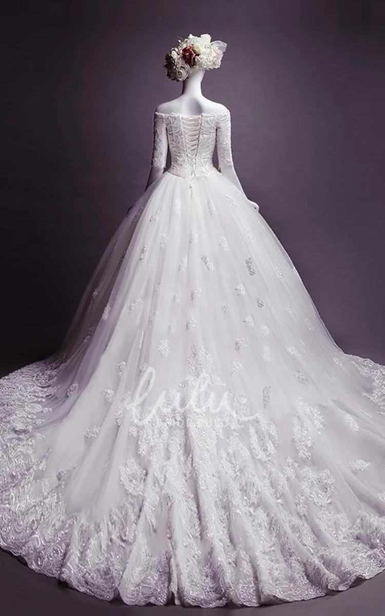 Off-Shoulder Lace Applique Tea-Length Ball Gown Wedding Dress