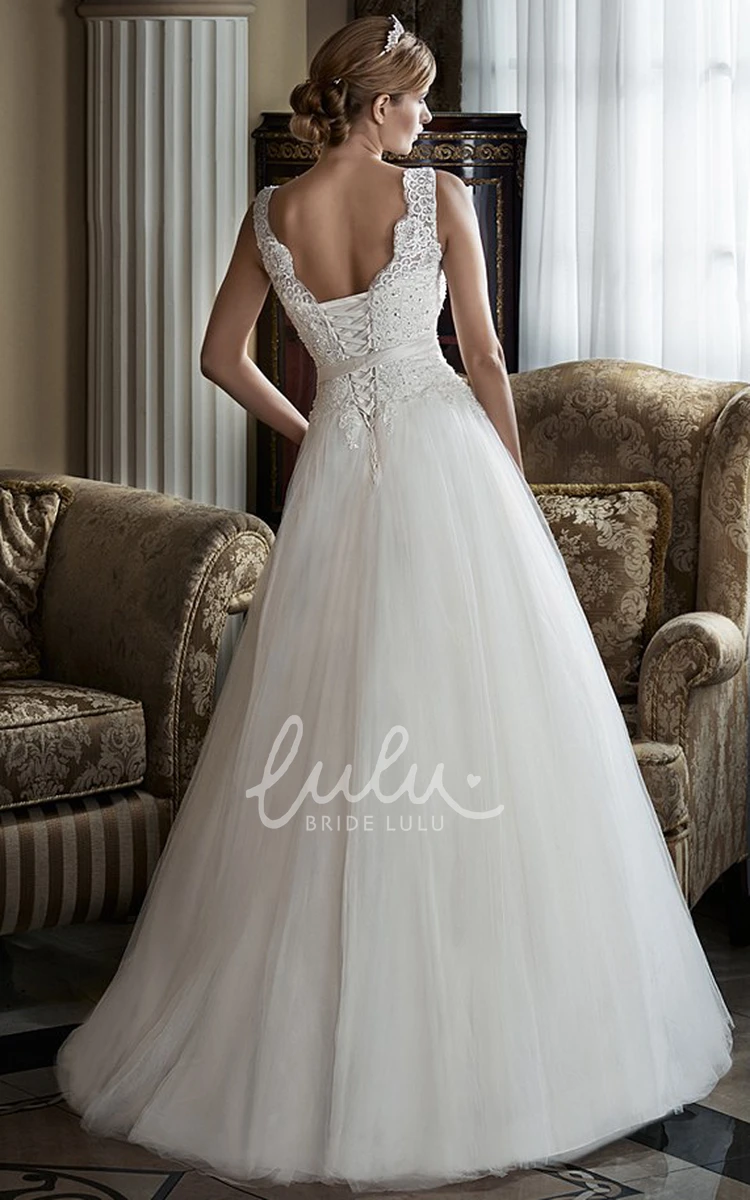 Long Sleeveless Wedding Dress A-Line V-Neck Tulle & Lace Appliqued