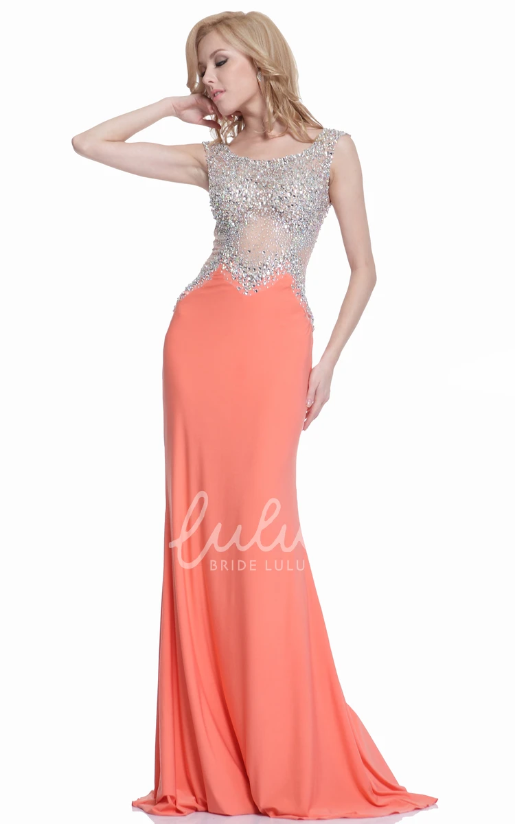 Sleeveless Jersey Illusion Formal Dress with Beading and Scoop Neck