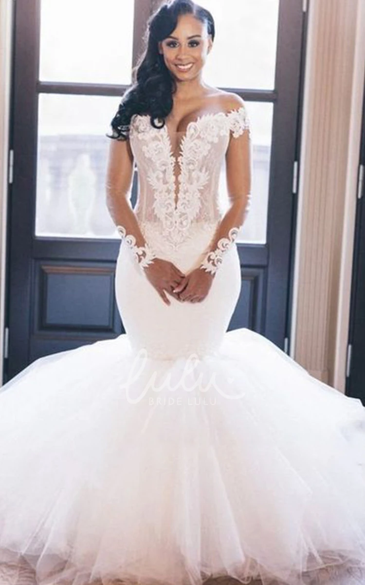 Off-the-Shoulder Mermaid Lace Tulle Wedding Dress with Short Sleeves