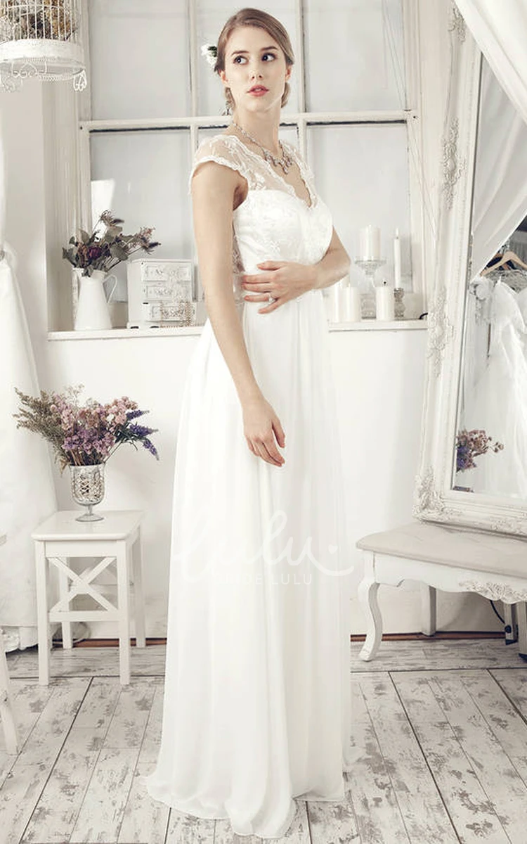 Embroidered V-Neck Chiffon Sheath Wedding Dress with Cap-Sleeves