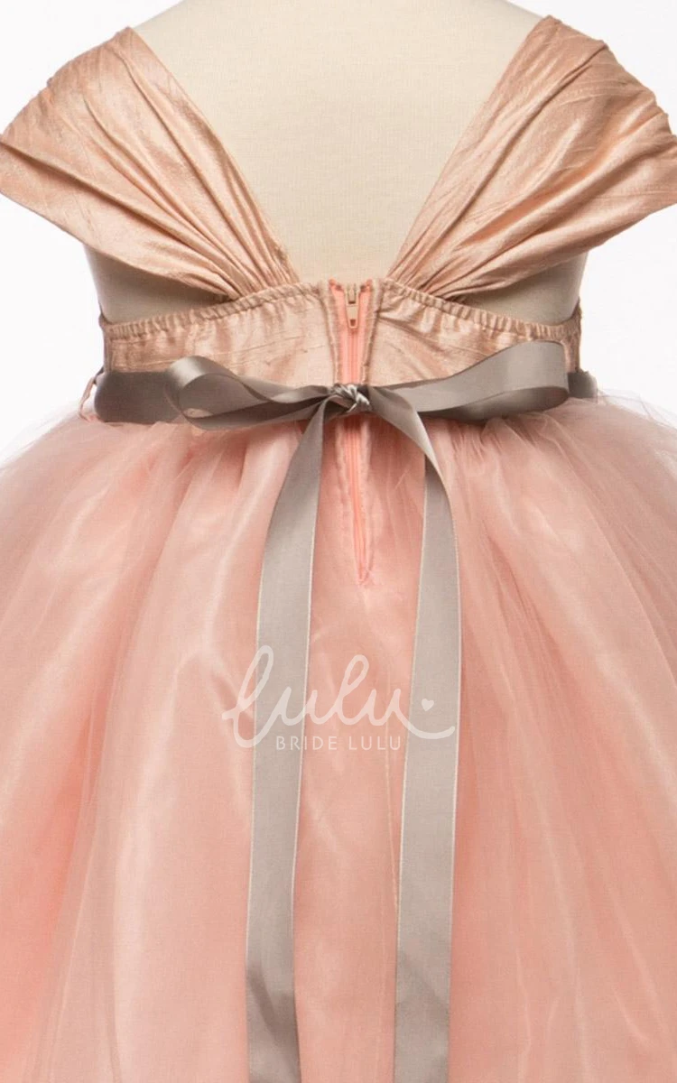 Cap-Sleeved Tulle & Satin Empire Tea-Length Flower Girl Dress with Ruching