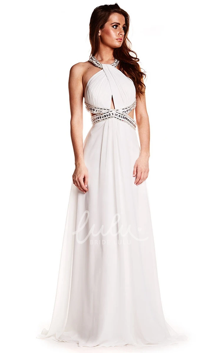 Beaded Halter Chiffon Prom Dress with Train Sleeveless Flowy Boho Women