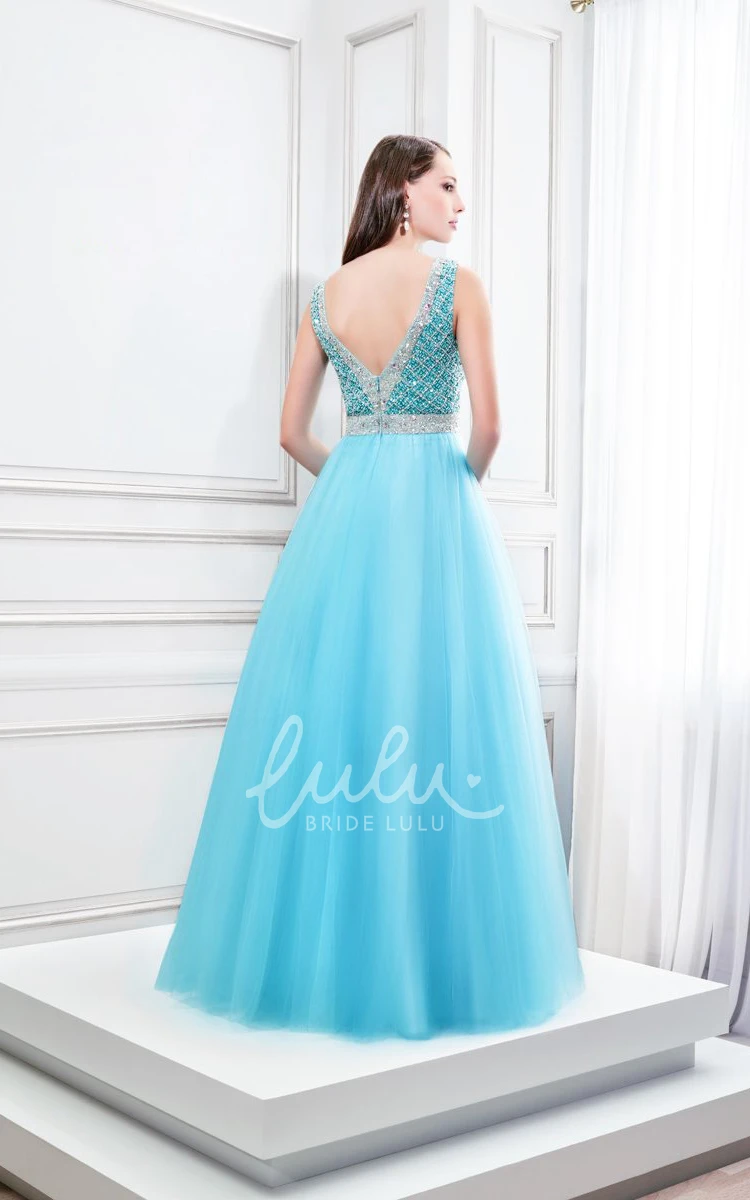 Sleeveless Tulle Prom Dress with Beaded Scoop Neckline A-Line Style