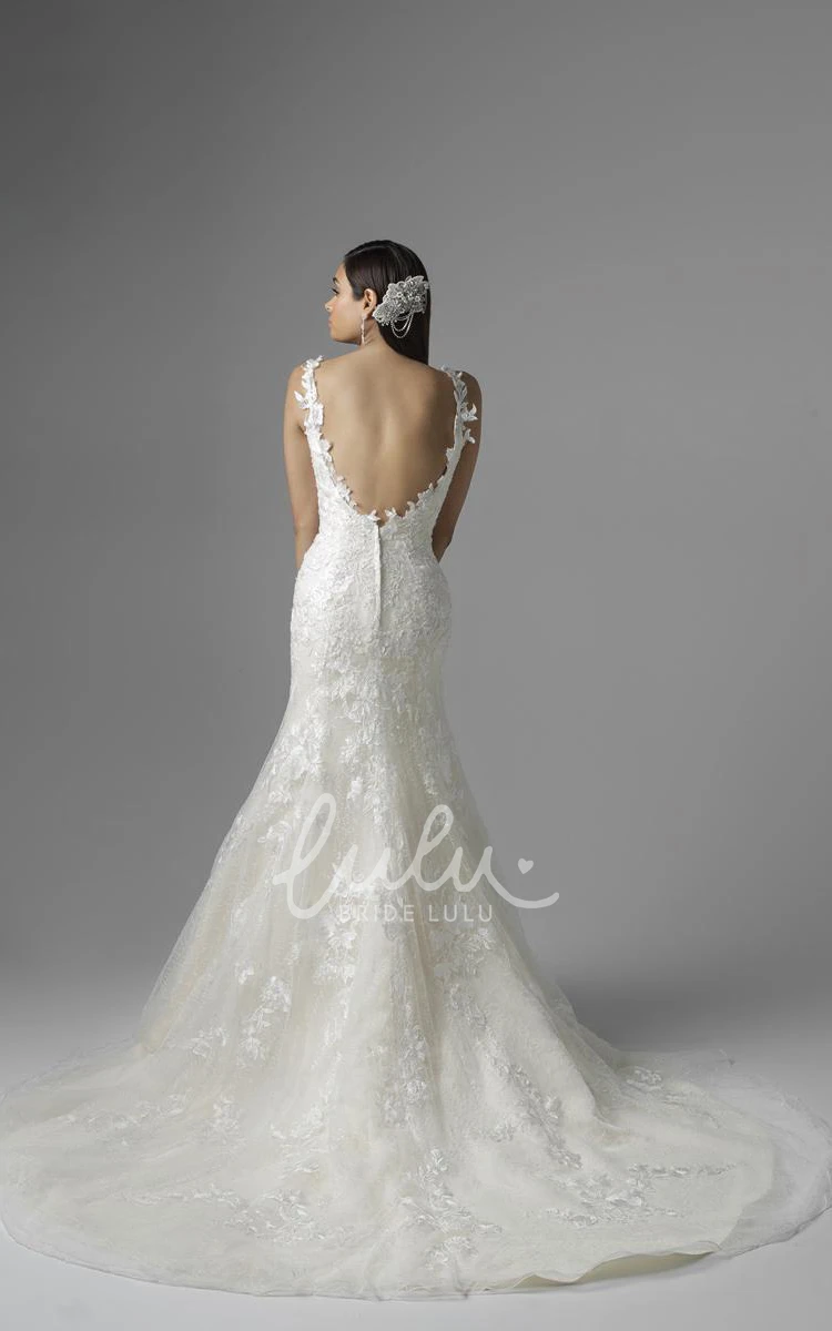 V-Neck Lace Trumpet Wedding Dress with Court Train Sleeveless and Deep-V Back