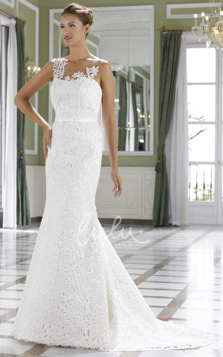 Scoop Neck Sleeveless Lace Wedding Dress in Sheath Style with Brush Train and Deep-V Back