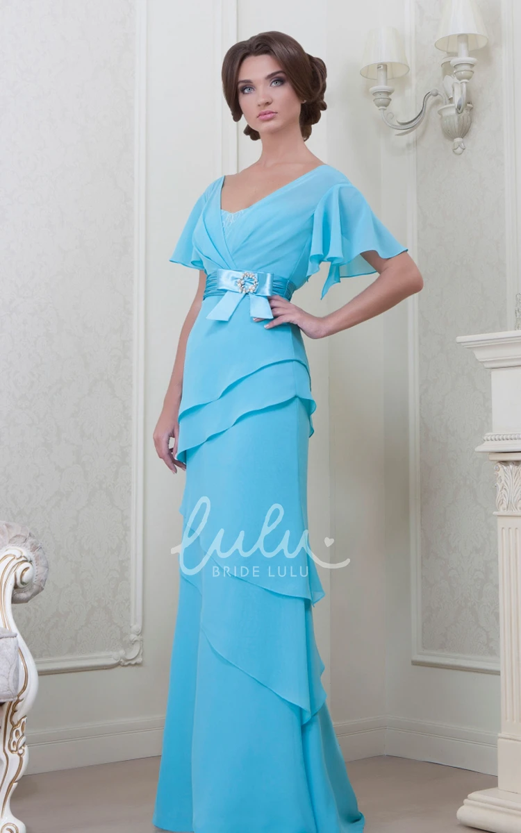 Floor-Length V-Neck Chiffon Bridesmaid Dress with Poet-Sleeves Bows and Tiers