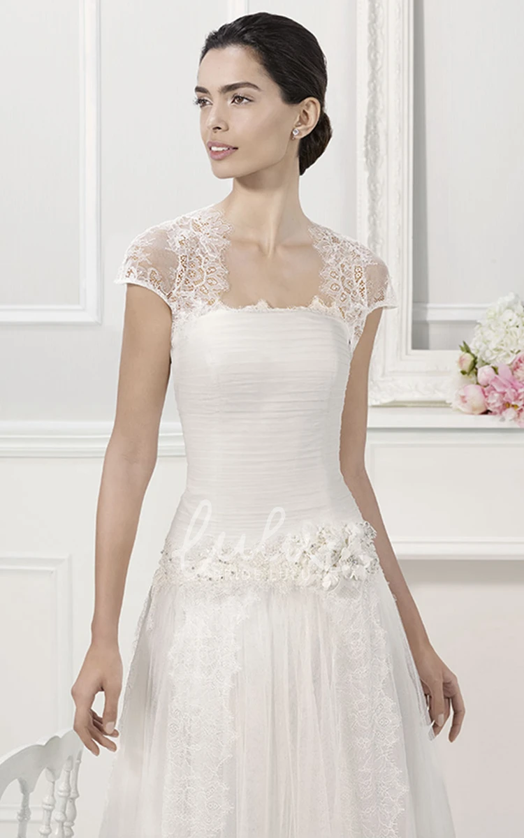 Tulle Drop Waist Bridal Gown with Removable Sleeves Strapless Lace Cap Sleeves