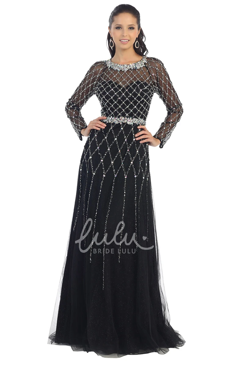 Jewel-Neck Long Sleeve Tulle Dress with Beading A-Line Formal Dress