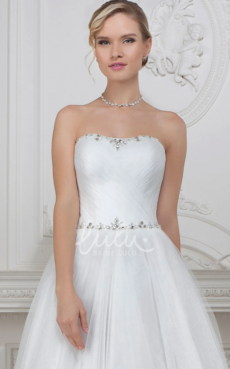 A-Line Sleeveless Tulle Wedding Dress with Ruching and Beaded Bodice Strapless