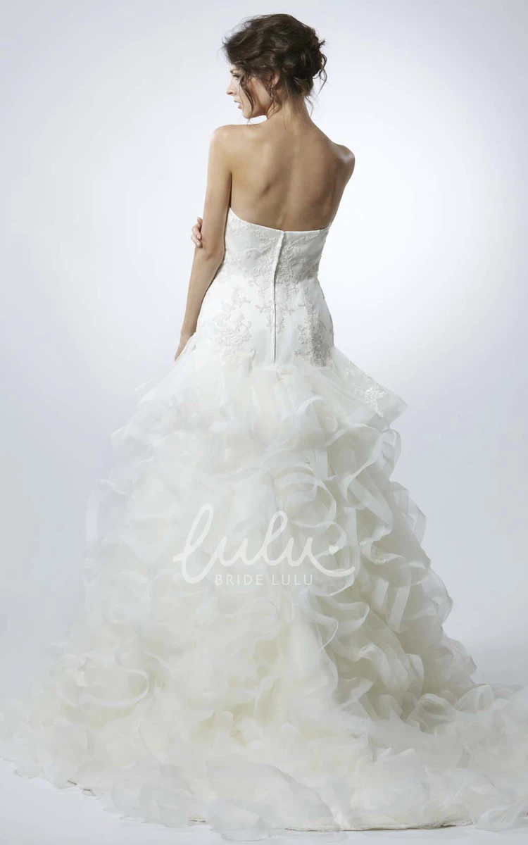 Long Ruffled Organza Wedding Dress with Appliques and Beading A-Line Strapless Sleeveless